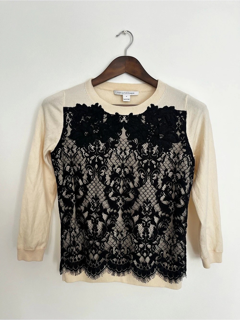 Diane von Furstenberg Shana Wool Blend Lace Appliqué Sweater Shana Lace Overlay